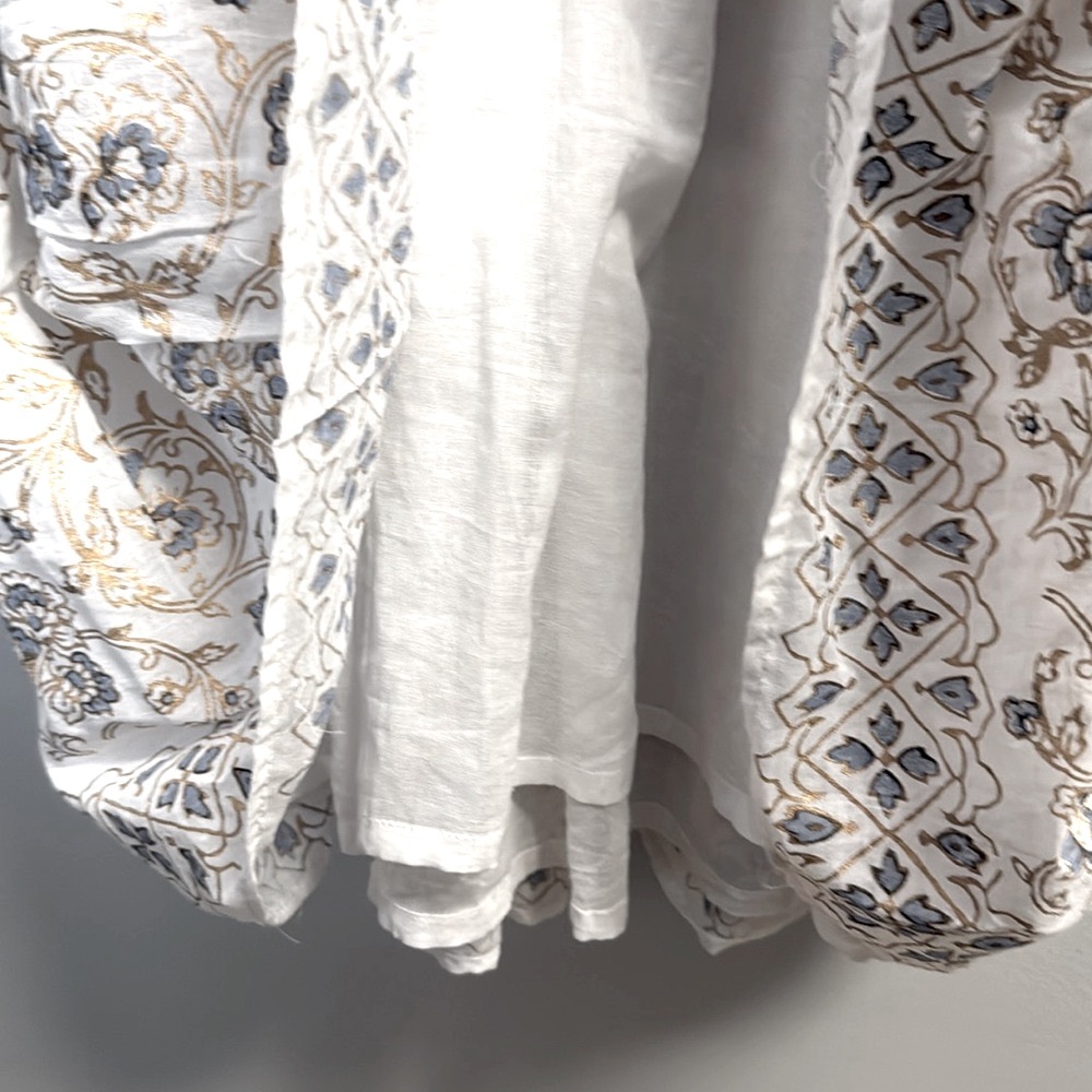 BELLA TU White Blue Gold Summer Tunic Tassel Cotton Resort Swim Dress | L - Picture 11 of 12
